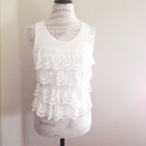 NWOT "Vanilla Snow" white lace tiered ruffled top